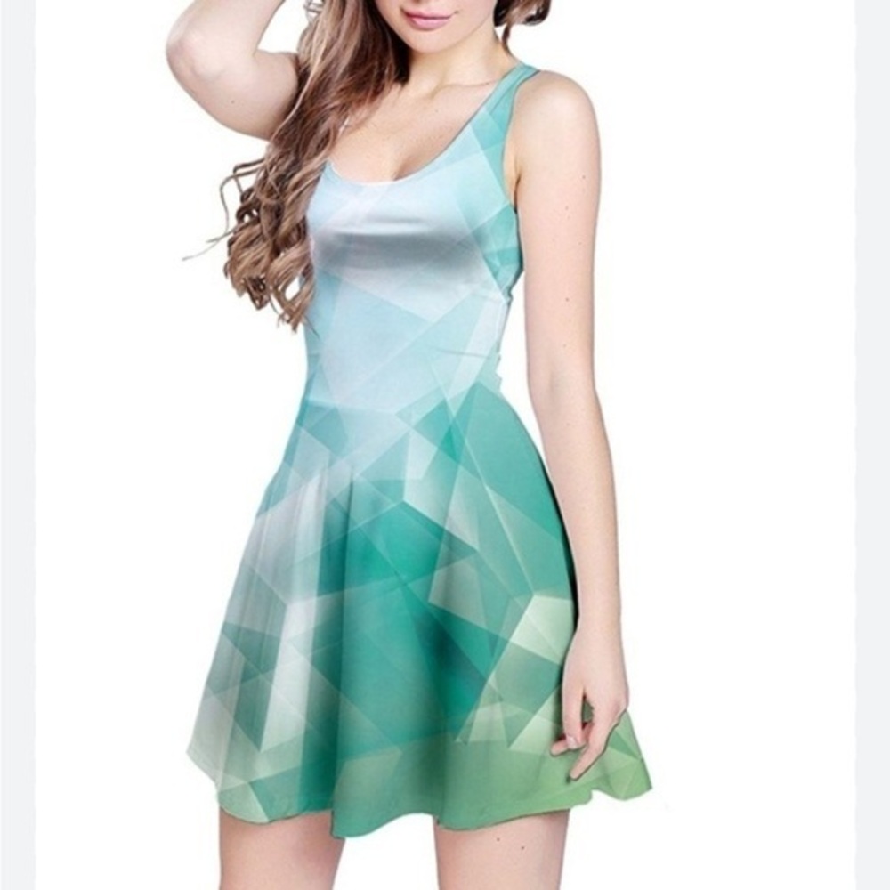 CowCow stretchy skater dress geometric mini green white spandex festival Y2K XS